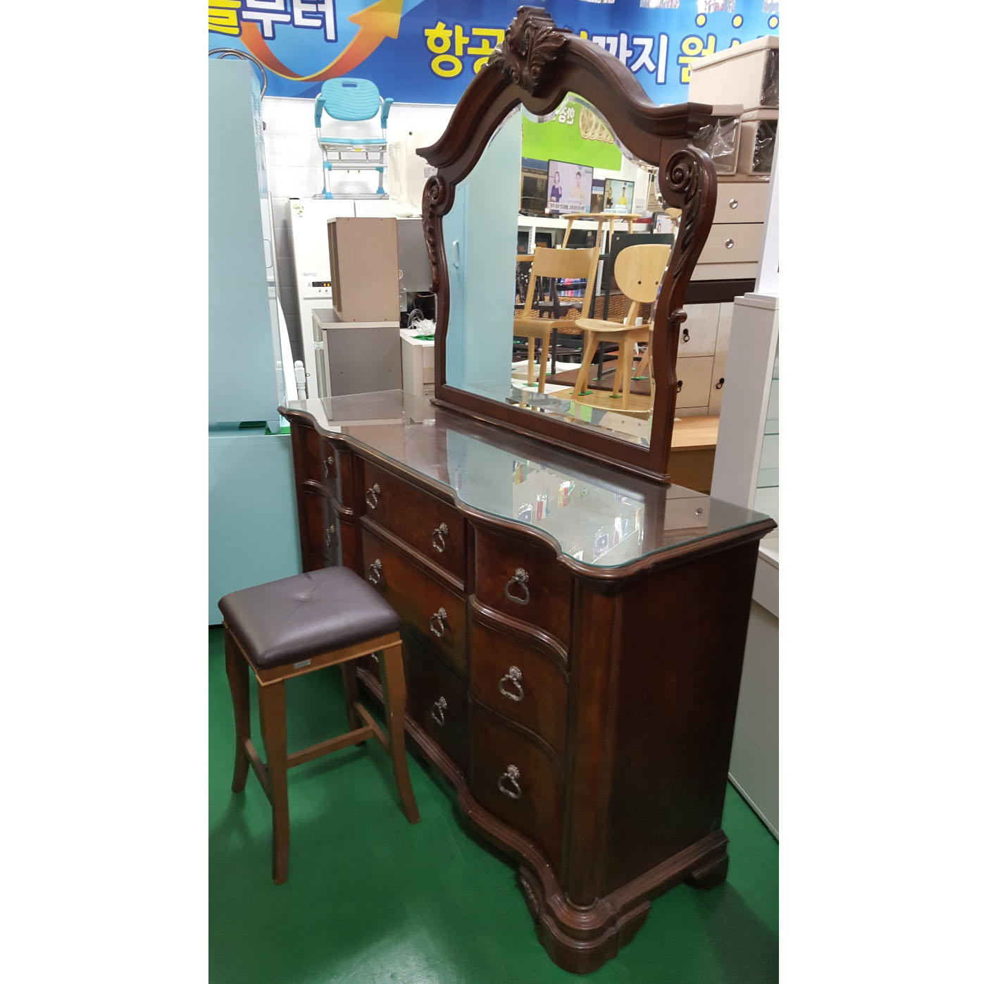 엔틱 와이드서랍장+화장대 (거울.의자포함)